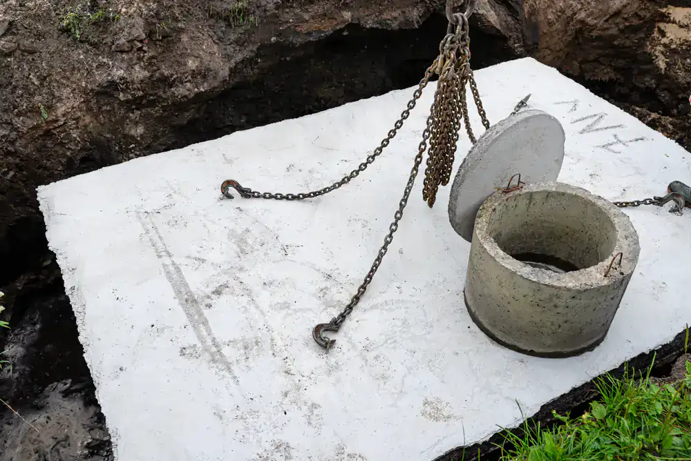 A concrete septic tank sits with its lid open, suitable for cesspool service or drain cleaning in Suffolk County.