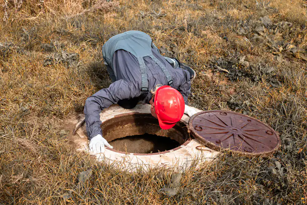 A worker in a red helmet kneels by an open manhole, performing drain cleaning Suffolk County service.